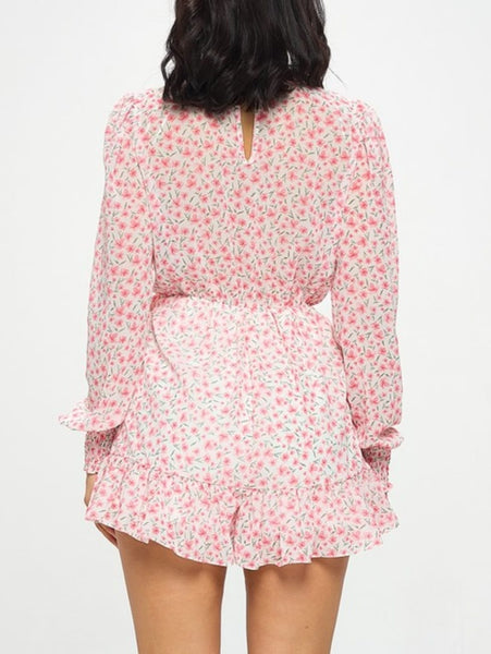 Floral Print Surplice Neck Long Sleeve Romper