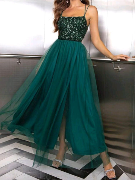 Contrast Sequin Mesh Overlay Cami Dress