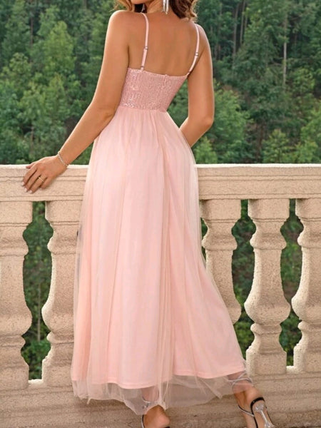 Contrast Mesh Split Thigh Cami Dress