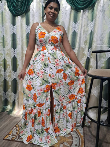 Tropical Print Spaghetti Strap Tie Back Maxi Dress