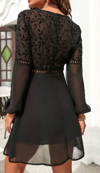 Lace Insert Lantern Sleeve Chiffon Dress
