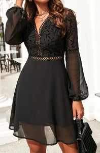 Lace Insert Lantern Sleeve Chiffon Dress