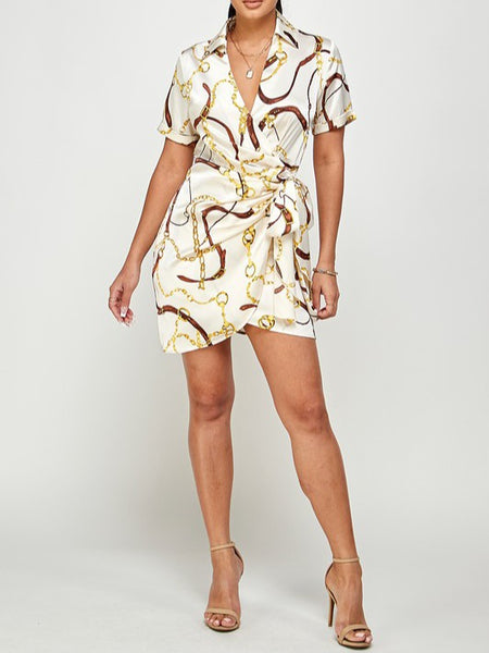 Chain Belt Print Short Sleeve Wrap Tie Dress