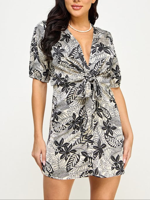 Botanical Print Front Tie Dress