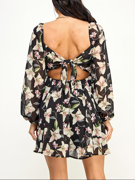 Chiffon Back Tie Ruffle Mini Dress
