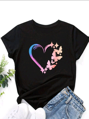Butterfly And Heart Print Tee