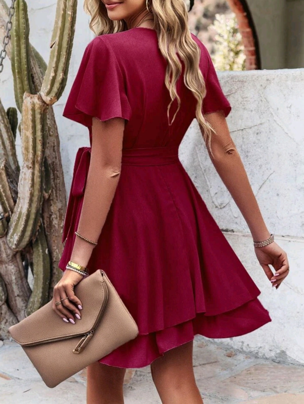 Butterfly Sleeve Two Layer Hem Belted Dress