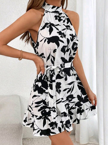 Ruffle Hem Halter Neck Belted Dress