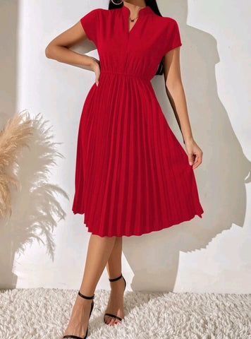 Pleated Hem Notched Neckline A-line Dress