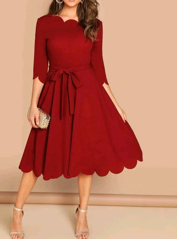 Scallop Trim Fit & Flare Dress With Belt