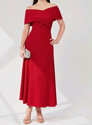 Off Shoulder Crisscross Front Solid Dress