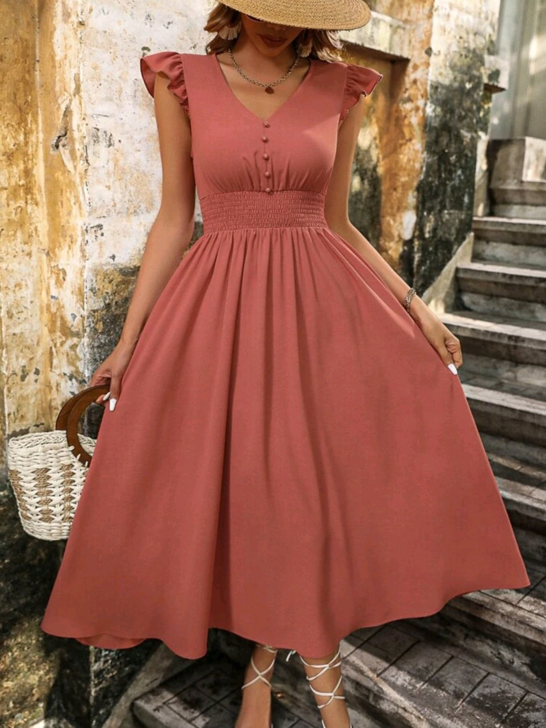 Ruffle Trim Shirred Waist A-line Dress