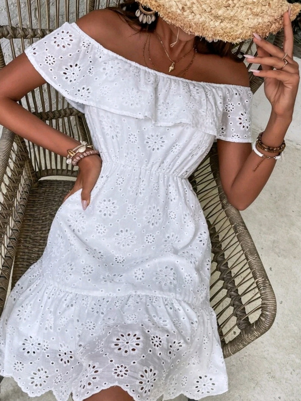 Off Shoulder Ruffle Trim Schiffy Dress