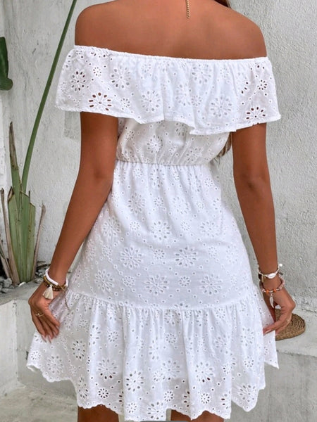Off Shoulder Ruffle Trim Schiffy Dress