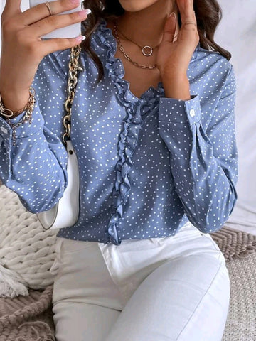 Polka Dot Ruffle Trim Blouse
