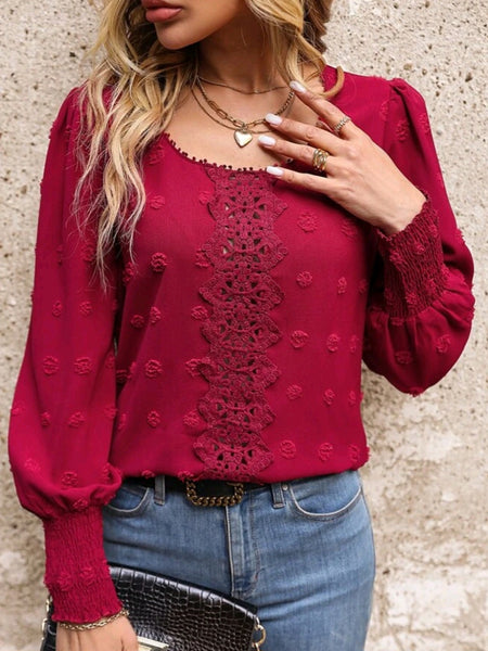 Lace Insert Lantern Sleeve Blouse