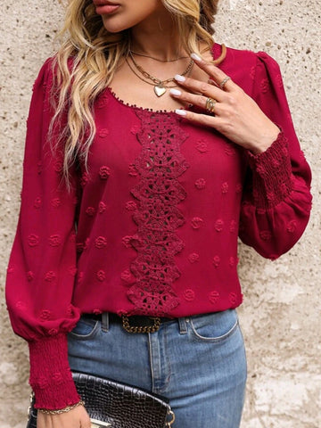 Lace Insert Lantern Sleeve Blouse