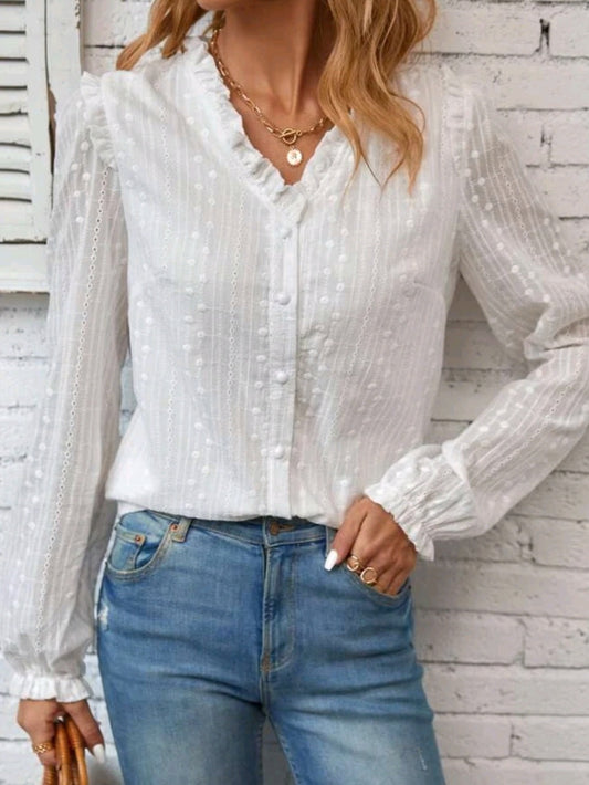 #0160 Eyelet Embroidery Frill Trim Puff Sleeve Button Front Blouse