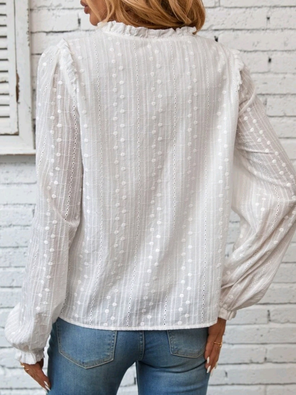 #0160 Eyelet Embroidery Frill Trim Puff Sleeve Button Front Blouse