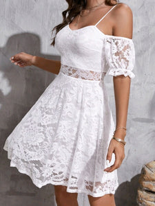 Cold Shoulder Flouce Cuff Lace Dress