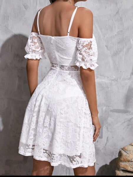 Cold Shoulder Flouce Cuff Lace Dress