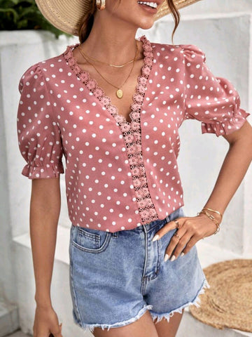 Polka Dot Guipure Lace Trim Puff Sleeve Blouse