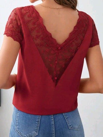 Contrast Embroidery Mesh V Neck Blouse