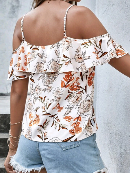 Floral Print Cold Shoulder Ruffle Blouse