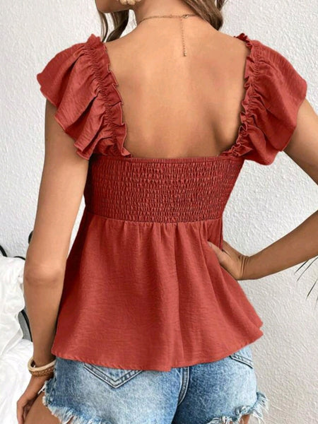 Square Neck Ruffle Trim Peplum Top