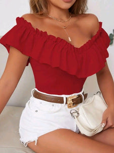 Off Shoulder Ruffle Trim Tee