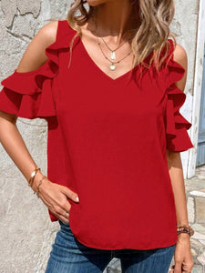 Cold Shoulder Ruffle Trim Blouse