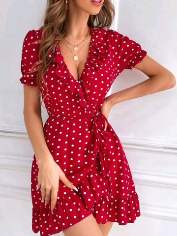 Polka Dot Print Belted Wrap Dress