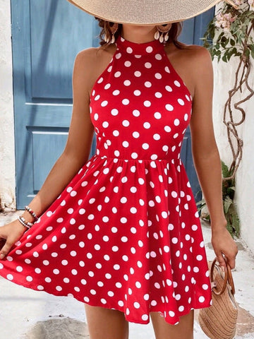 Polka Dot Print Halter Neck Dress