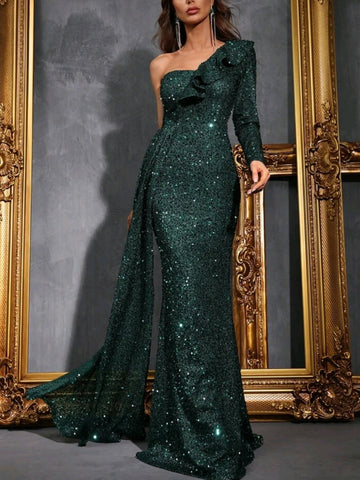 One Shoulder Draped Side Split Thigh Sequin Formal Dress