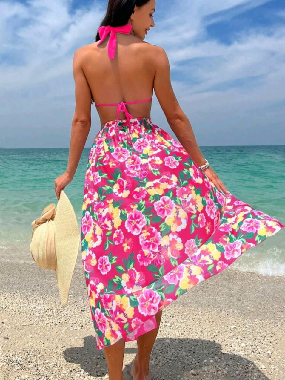 Halter Triangle Bikini Swimsuit With Beach Skirt