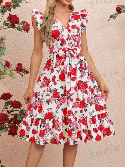 Rose Print Ruffle Hem Dress