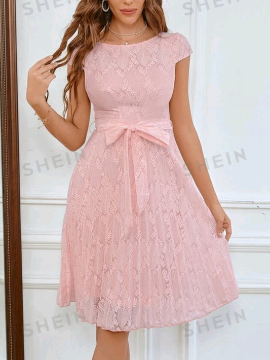 Belted Floral Lace Pleated Hem Dress