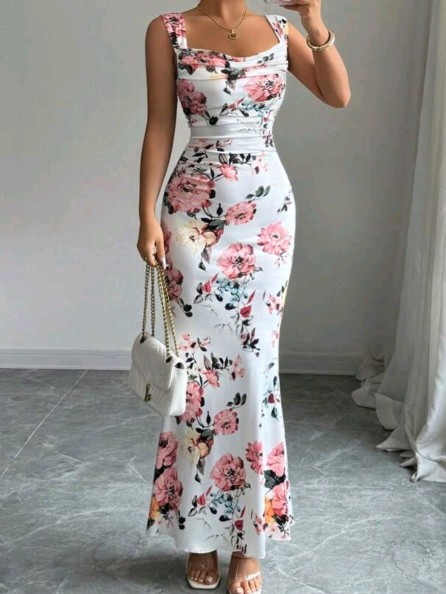 #6863 Floral Print Pleated Square Neck Sleeveless Dress