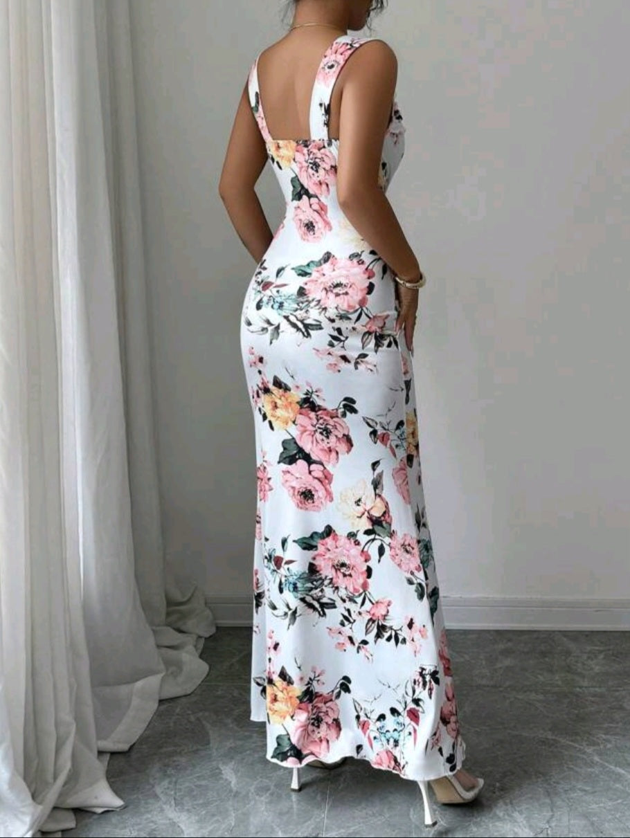 #6863 Floral Print Pleated Square Neck Sleeveless Dress