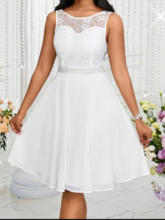 #9983 Elegant Contrast Lace Waisted Sleeveless Dress