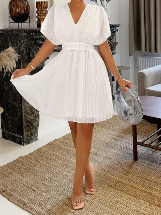 #8430 Deep V-Neck Swing Pleated Flowy Dress