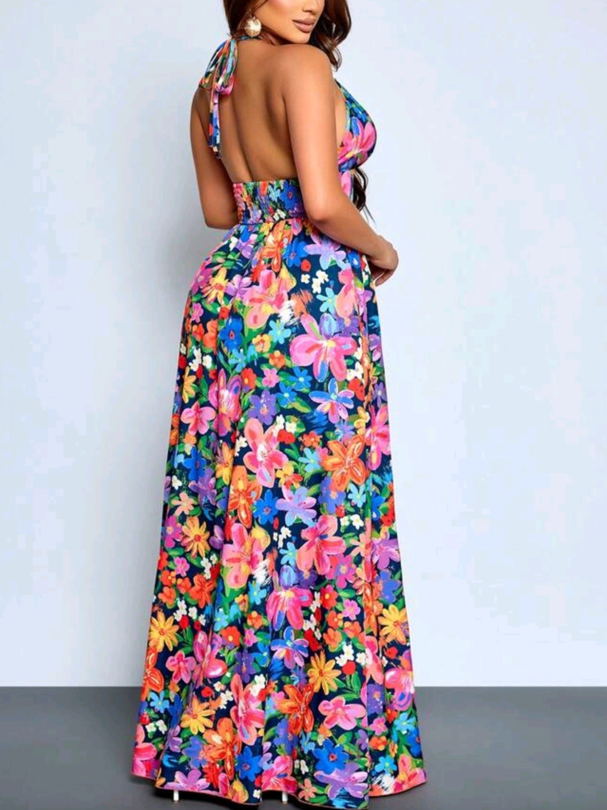 1416 Deep V Neck Backless Ruched Split Dress