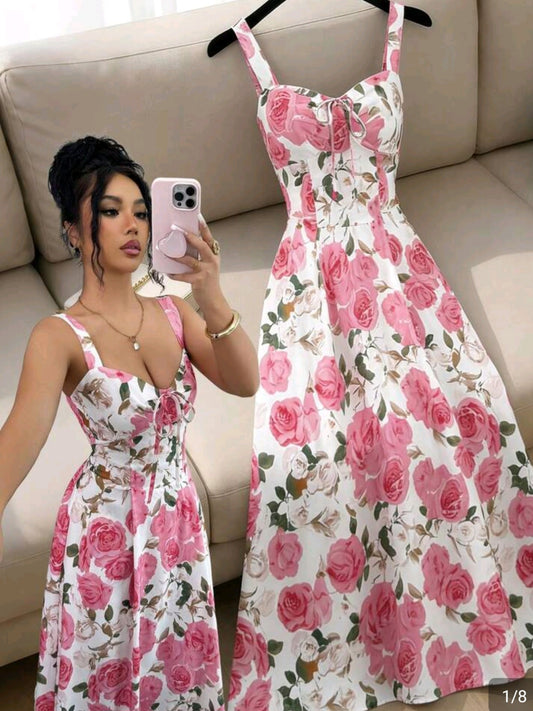 0706 Bow V-Neck Waist Cinched Flared Dress