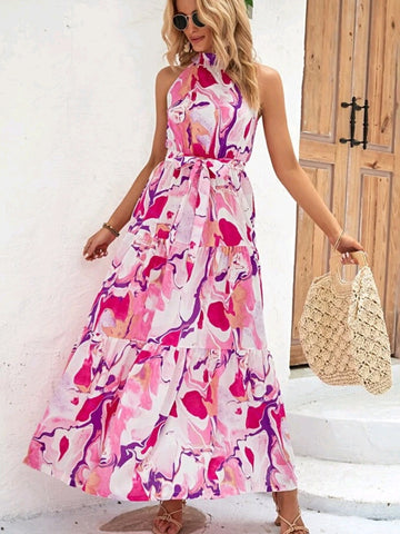 Ruffle Hem Belted Halter Dress