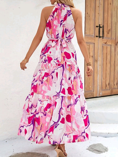 Ruffle Hem Belted Halter Dress