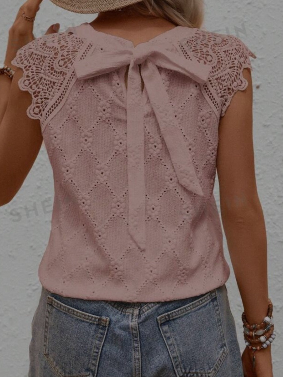 Lace Splice Back Knot Casual Shirt