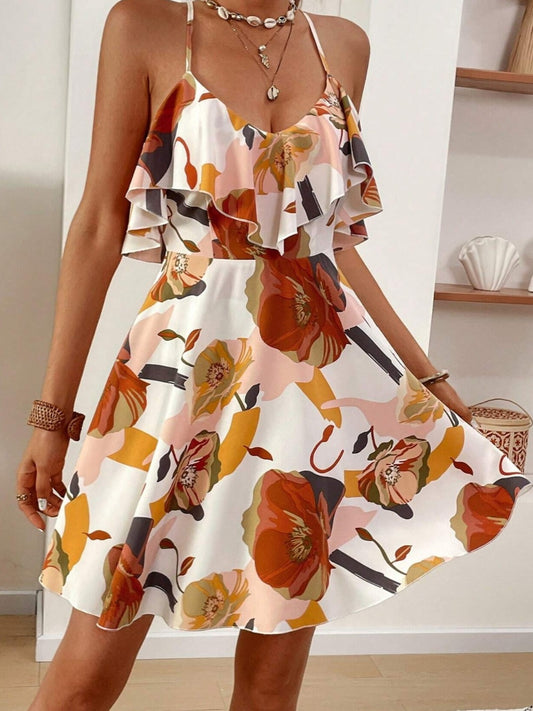#5134 Floral Print Ruffle Hem Backless Halter Dress