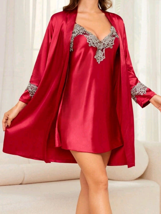 #8294 Lace Trim Sexy Camisole Nightgown And Bathrobe Pajama Set