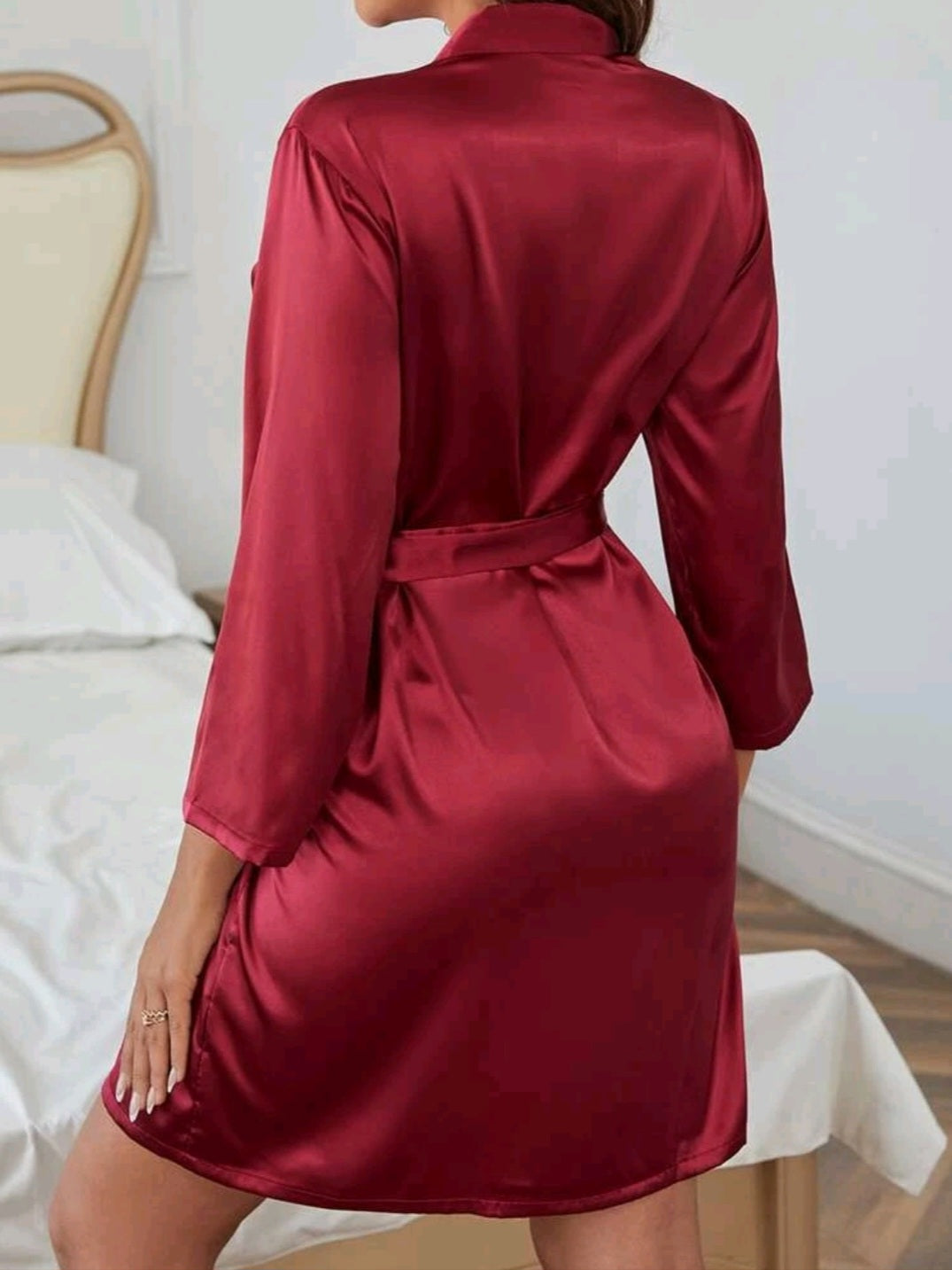 #7551 Drop Shoulder Contrast Trim Belted Satin Sleep Robe