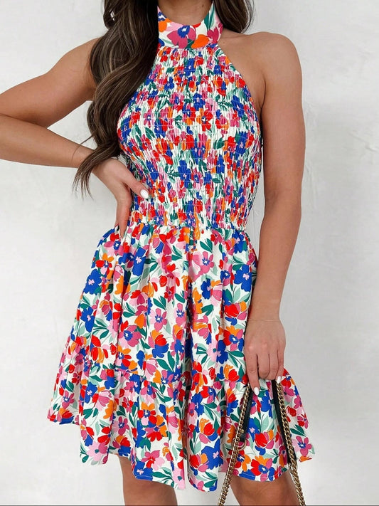 7414 Ditsy Floral Print Halter Backless Dress